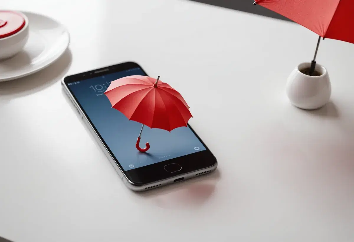 Smartphone auf einem Tisch, geschützt von einem aufgespannten roten Mini-Regenschirm